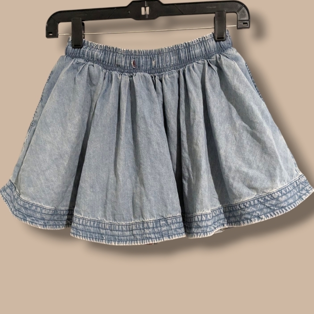 Mini Boden Girls 9-10 Blue Chambray Cotton Flowy Mini Skirt Kids Summer